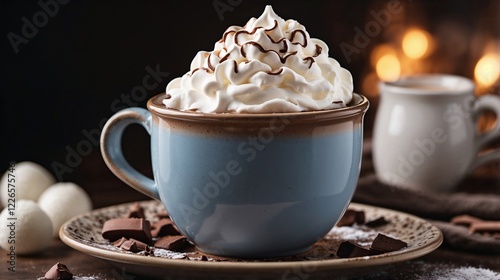 A steaming cup of hot chocolate crowned with a swirl of whipped cream in a charming ceramic mug.