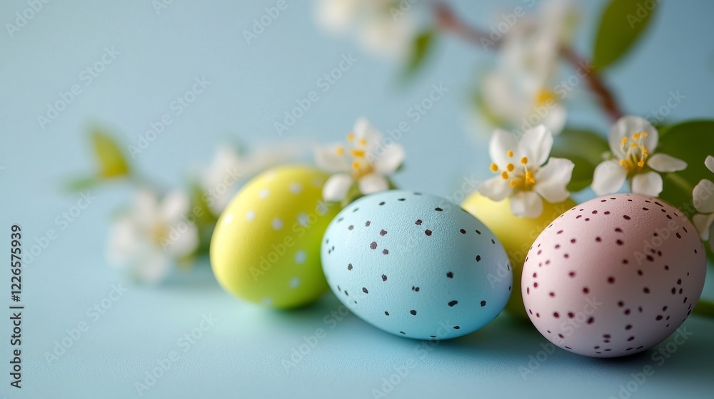 Fototapeta premium Colorful Easter eggs and spring flowers on a blue background, copy space for text