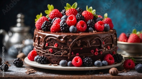 A decadent chocolate cake adorned with fresh, jewel-like berries.