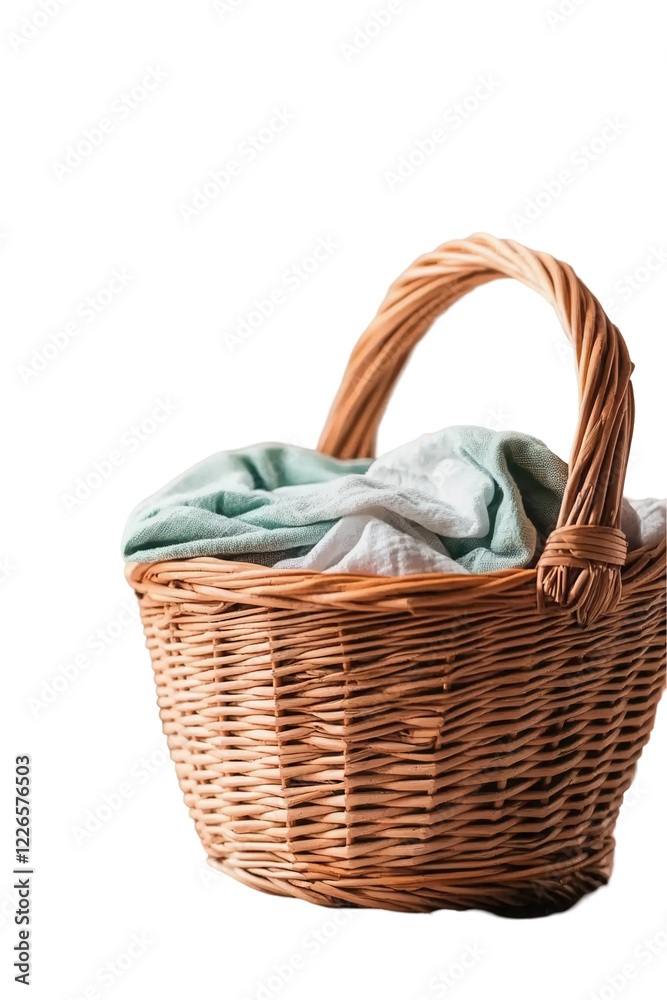 Obraz premium Woven basket with clean linens home interior still life minimalist design transparent background