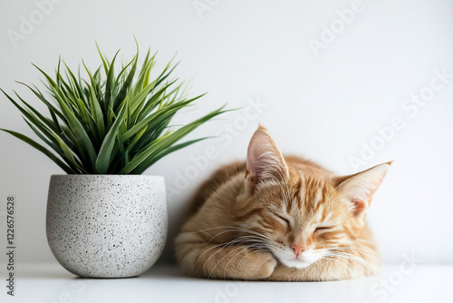 A serene orange cat peacefully sleeping beside a decorative green plant on a minimalist white background
