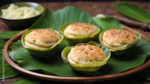 Traditional Thai coconut milk pancakes delicately served in charming banana leaf cups.