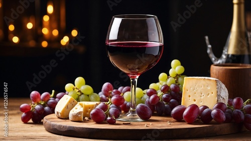 A sophisticated glass of red wine in a crystal goblet, elegantly placed next to an assortment of cheese and plump grapes on a wooden table.
