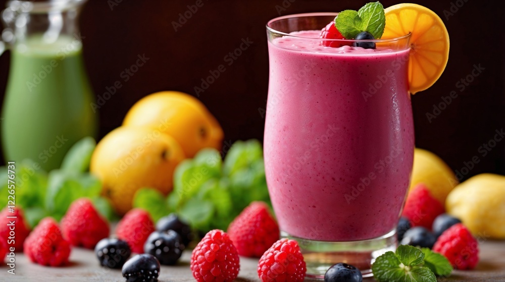 A refreshing and vibrant fruit smoothie in a tall glass, garnished with fresh fruit slices and fragrant mint leaves. A refreshing and vibrant fruit smoothie in a tall glass, garnished with fresh fruit slices and fragrant mint leaves.
