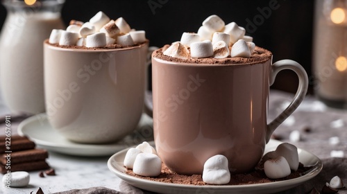 A rich, velvety hot chocolate served in a tall white mug, topped with marshmallows and a dusting of cocoa powder.