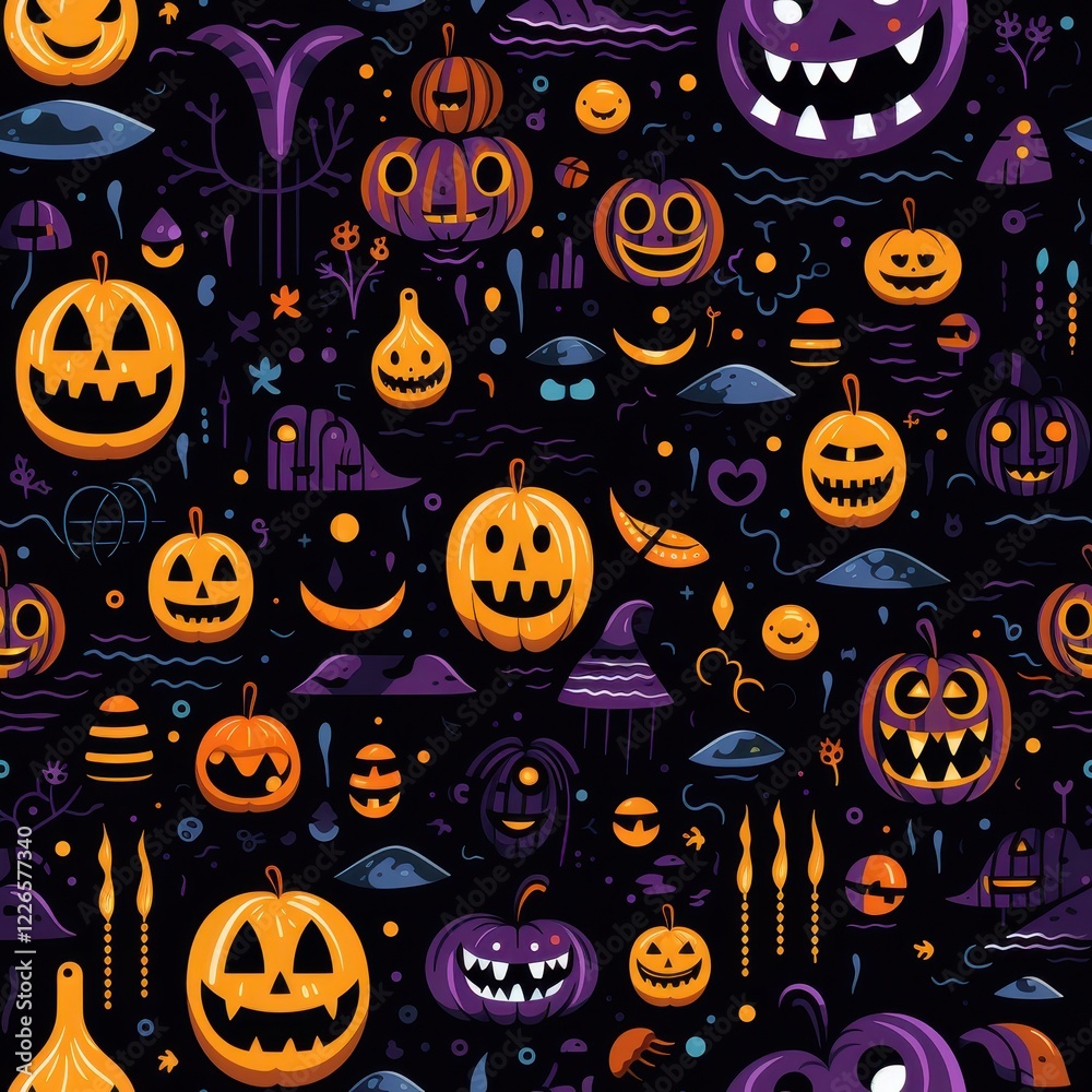 Whimsical Halloween design with lively ghosts, grinning pumpkins, playful witches, vibrant oranges, purples, blacks, spooky yet fun vibe, pop-art Whimsical Halloween design with lively ghosts, grinning pumpkins, playful witches, vibrant oranges, purples, blacks, spooky yet fun vibe, pop-art