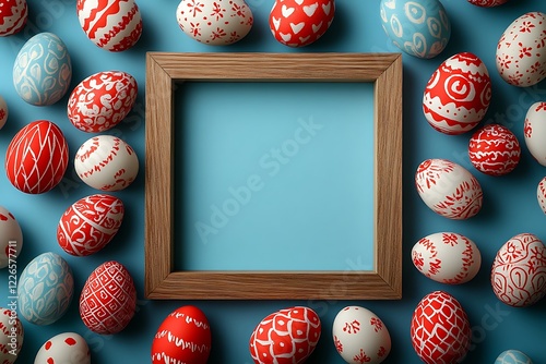 easter eggs colored with in differen colors arranged around a photo frame. Blue background. Copy space. photo