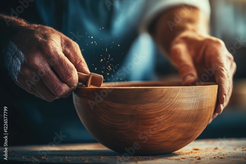A skilled woodworker carefully shapes a wooden bowl, wood shavings flying.