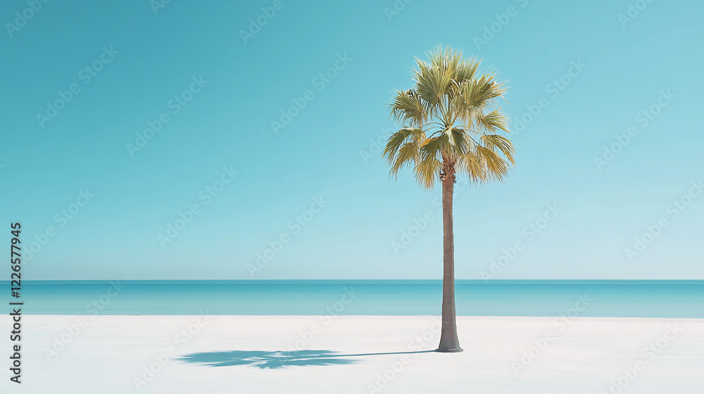 Fototapeta premium Isolated palm tree on a serene beach with clear blue skies and calm ocean waves in the background
