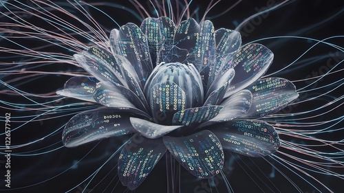 A flower blooming with petals made of shifting, iridescent code that slowly forms patterns of neural networks