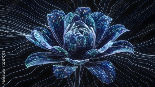 A flower blooming with petals made of shifting, iridescent code that slowly forms patterns of neural networks
