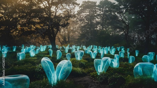 A forest made entirely of translucent, glowing plants that are powered by artificial intelligence embedded in their cells