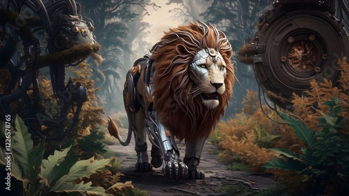 A lion with a metallic mane, roaming through a forest where plants and machinery have merged together