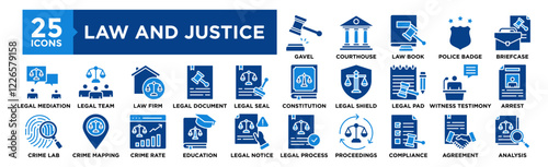 Law and Justice icon collection set. Containing design justice, lawyer, legal, concept, court, judge, legislation, attorney	