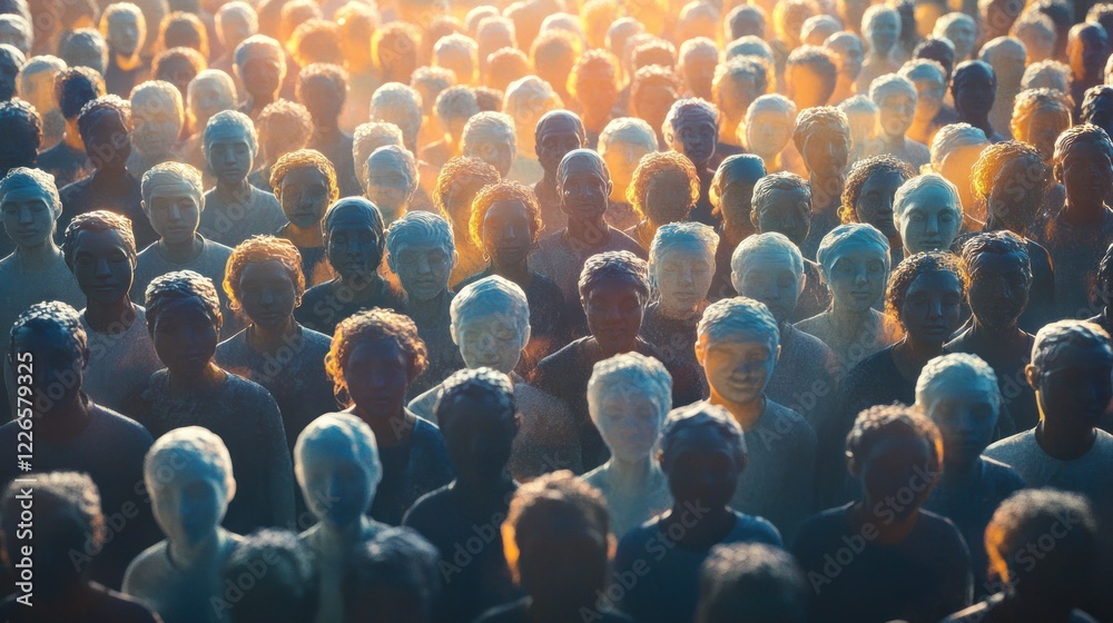 Obraz premium A diverse group of people rendered in a hazy, dreamlike style stand close together looking forward
