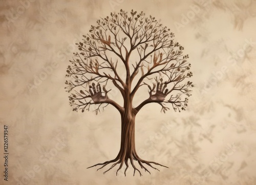 Simple handprint of family tree with lines connecting relatives ,  roots ,  unity,  kinship