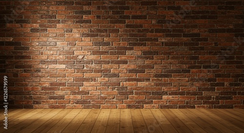 Rustic interior with a warm red brick wall and a polished wooden floor, illuminated by soft, natural lighting.