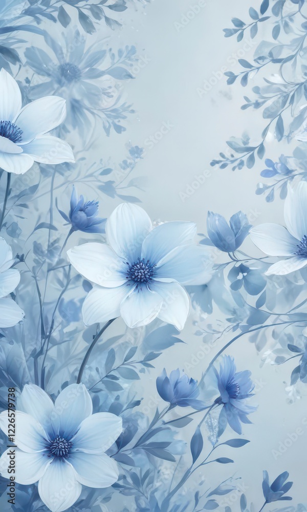 Obraz premium Soft light blue abstract background with swirling patterns of watercolor flowers, soft focus, gentle, floral