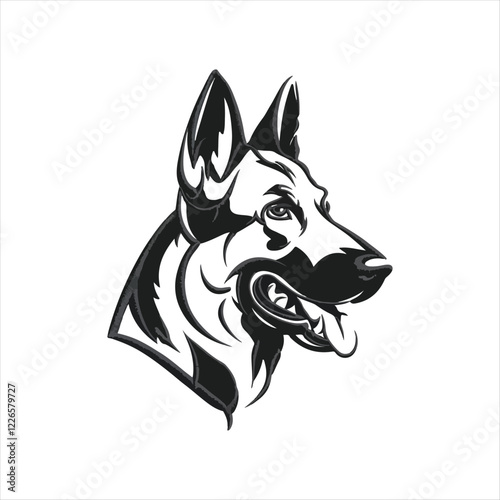 German Shepherd dog breed head vector illustration. Pet portrait in style of hand drawn black doodle on white background
