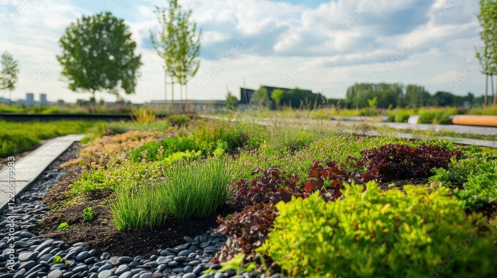 Lush Green Rooftop Garden with Pebbles and Trees in a Cloudy Sky Background Lush Green Rooftop Garden with Pebbles and Trees in a Cloudy Sky Background