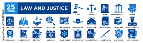 Law and Justice icon collection set. Containing design justice, lawyer, legal, concept, court, judge, legislation, attorney