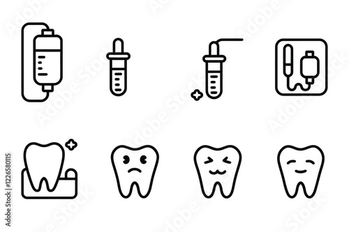 Medical and Dental Line Icons – IV Drip, Dropper, Blood Pressure Monitor, Healthy Tooth, Happy Tooth, Sad Tooth