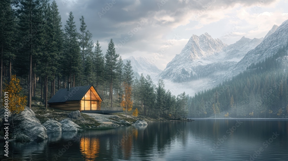 Obraz premium a serene cabin by a mountain lake, surrounded by towering pines.Architectural design elements modern interventions creativity