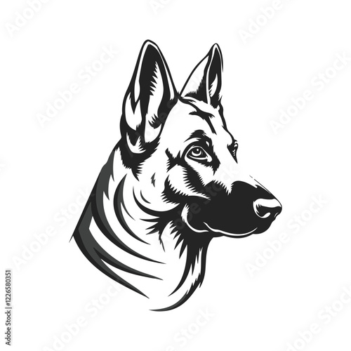 German Shepherd dog breed head vector illustration. Pet portrait in style of hand drawn black doodle on white background
