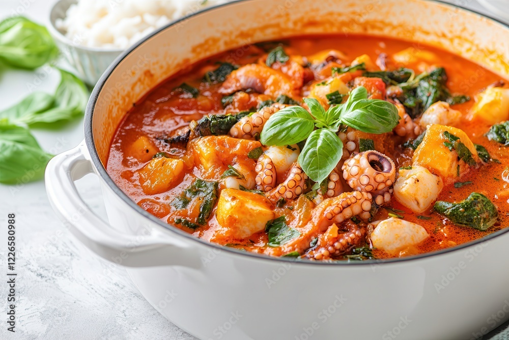 Grilled octopus and hearty seafood stew with tender octopus pieces. Delicious octopus stew with vegetables and fresh basil. Grilled octopus and hearty seafood stew with tender octopus pieces. Delicious octopus stew with vegetables and fresh basil.