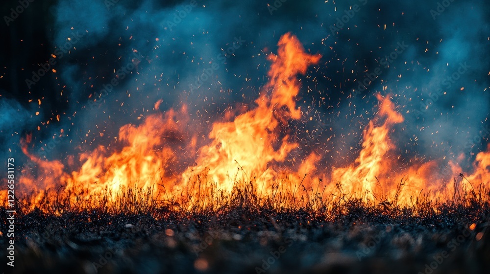 Wildfire raging, burning grass, night, sparks, environmental disaster Wildfire raging, burning grass, night, sparks, environmental disaster