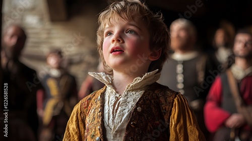 A child acting as a Shakespearean actor, reciting lines from a play on a makeshift stage with dramatic flair