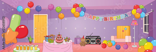 Cute and nice design of Party birthday with furniture and interior objects vector design