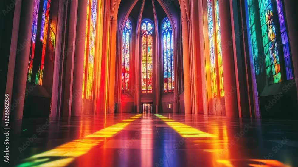 a grand cathedral with colorful stained glass windows glowing in the sunlight.Architectural design elements modern interventions creativity a grand cathedral with colorful stained glass windows glowing in the sunlight.Architectural design elements modern interventions creativity