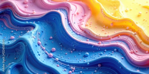 A blue and yellow swirly mix on a splashy surface of pink and blue hues, liquid, texture photo