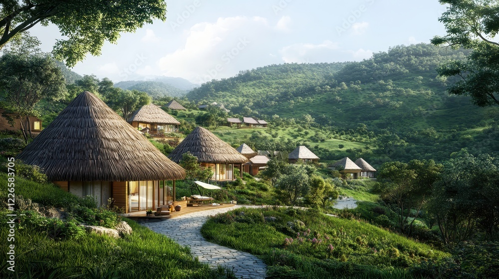 a peaceful village with thatched-roof houses nestled in rolling green hills.Architectural design elements modern interventions creativity a peaceful village with thatched-roof houses nestled in rolling green hills.Architectural design elements modern interventions creativity