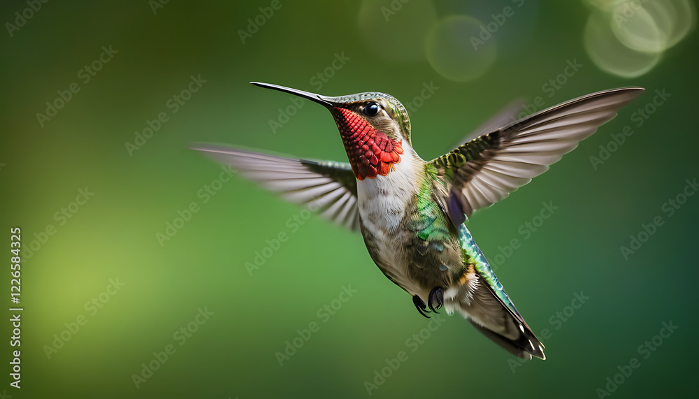 Fototapeta premium Hummingbird in flight, ruby-throated, iridescent feathers, spread wings, motion blur, macro photography, sharp focus