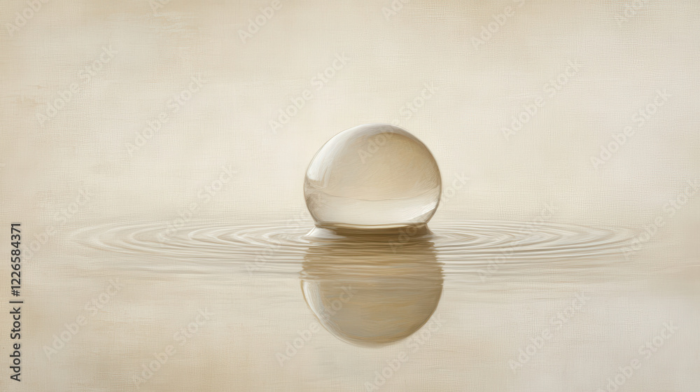 Fototapeta premium An artistic depiction of a perfectly round water droplet, glowing with subtle highlights, resting gently on a textured monochrome surface