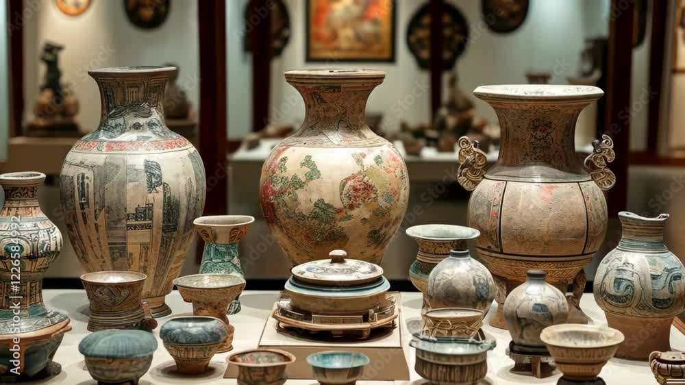 A collection of intricate ceramic vases and bowls on display A collection of intricate ceramic vases and bowls on display
