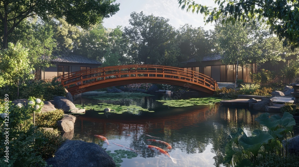 a traditional wooden Japanese bridge spanning a tranquil koi pond.Architectural design elements modern interventions creativity a traditional wooden Japanese bridge spanning a tranquil koi pond.Architectural design elements modern interventions creativity