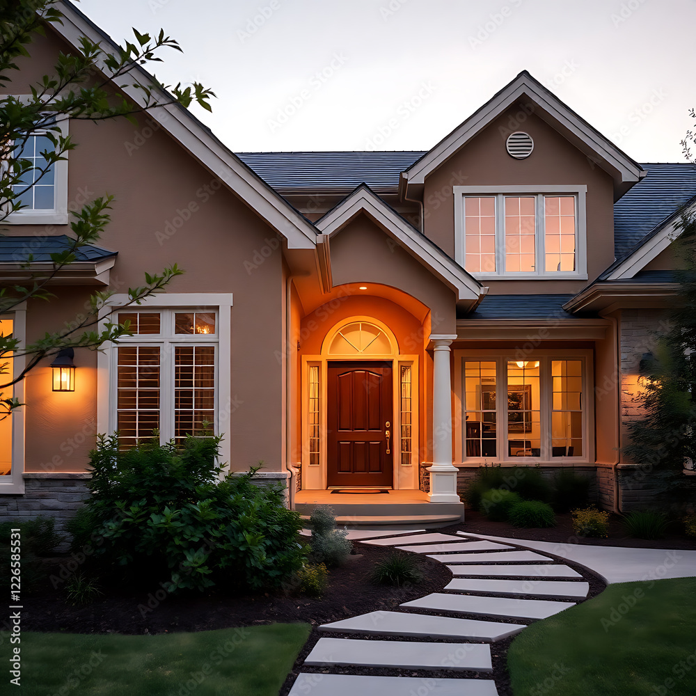 Obraz premium Luxury Home Exterior at Night: Elegant Architecture and Landscaping