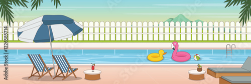 Cute and nice design of Pool Party with furniture and interior objects vector design