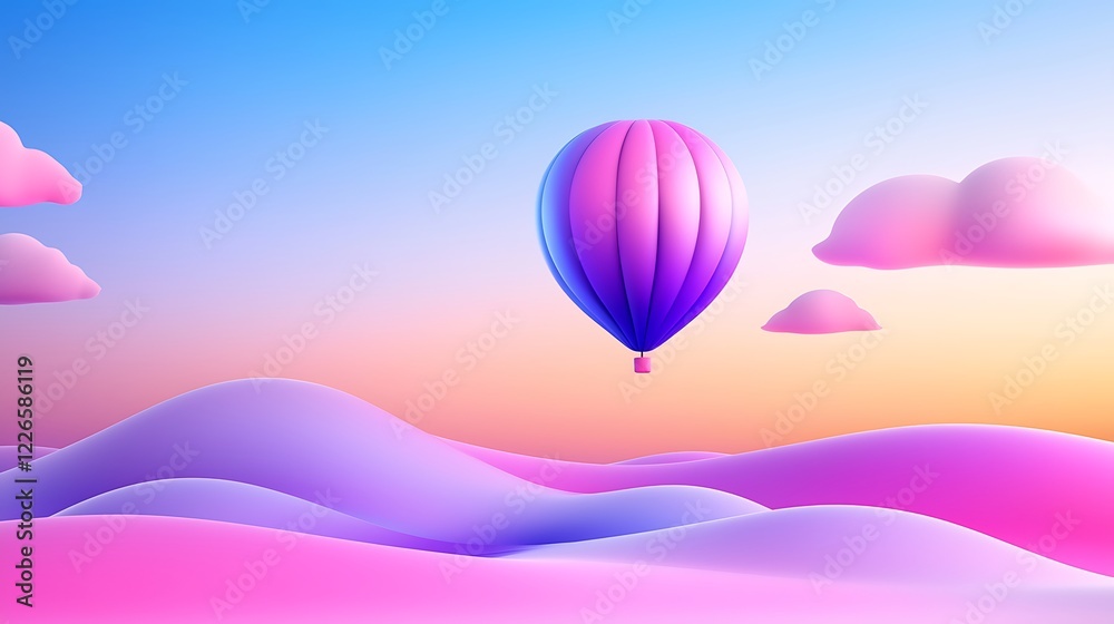 Obraz premium Pastel Hot Air Balloon Floating Over Dreamy Landscape at Sunset