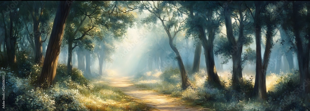 Obraz premium A peaceful forest path with soft light streaming through the trees