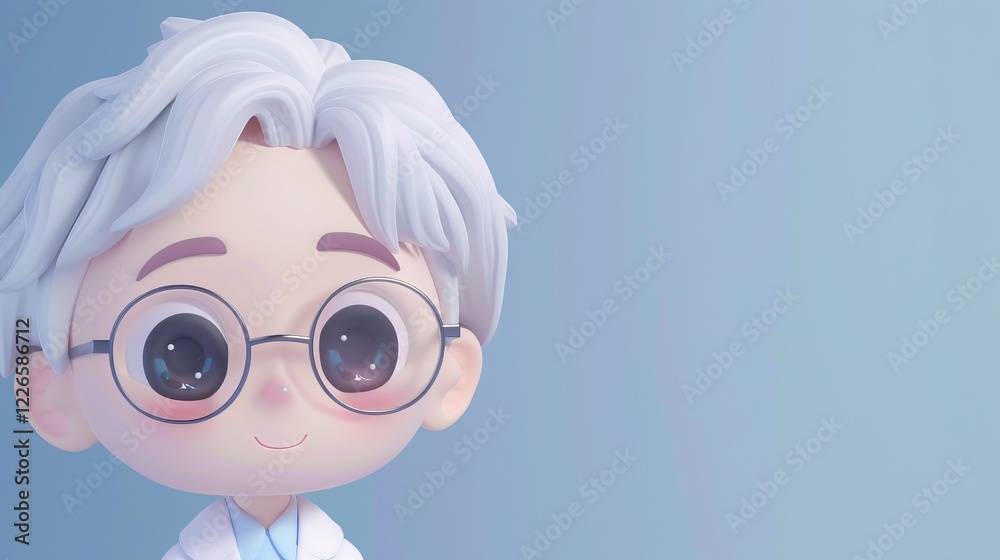 Cute anime scientist character with glasses and white hair on blue gradient background. Cute anime scientist character with glasses and white hair on blue gradient background.