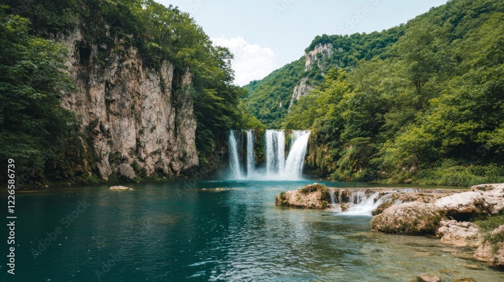 Fototapeta premium Serene Waterfall in Lush Tropical Jungle Landscape