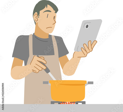 タブレットを見ながら料理する男性