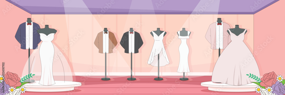 Cute and nice design of Wedding dress shop and interior objects vector design