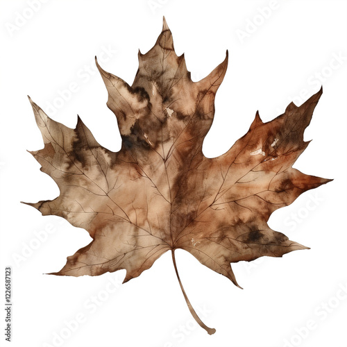 Closeup of a vibrant red and brown oak leaf, isolated on a crisp white background, showcasing the brilliant colors of autumn