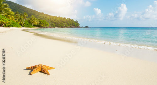 A visually appealing image showcasing a pristine beach with white sand, turquoise water, and swaying palm trees