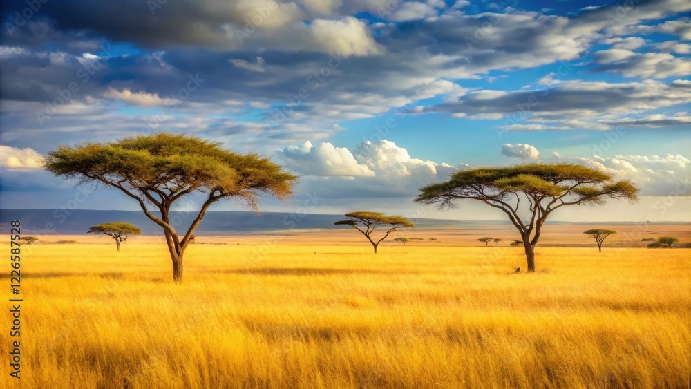 Golden grasslands with acacia trees stretching towards the horizon, natural beauty, grasslands, golden grass, sunlit savannah Golden grasslands with acacia trees stretching towards the horizon, natural beauty, grasslands, golden grass, sunlit savannah